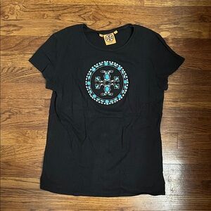 Tory Burch Black Tee with Blue and silver rhinestones